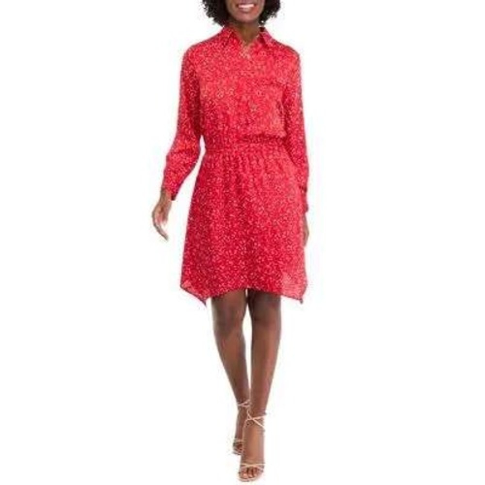NWT $129 Vince Camuto Womens Red Floral Print LS Elastic Waist Shirt Dress SZ S